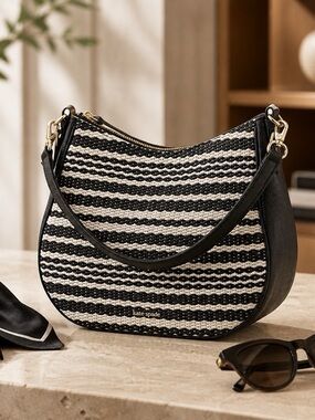 Kate Spade New York Cobble Hill Straw Mylie Shoulder Bag Black Cement Leather